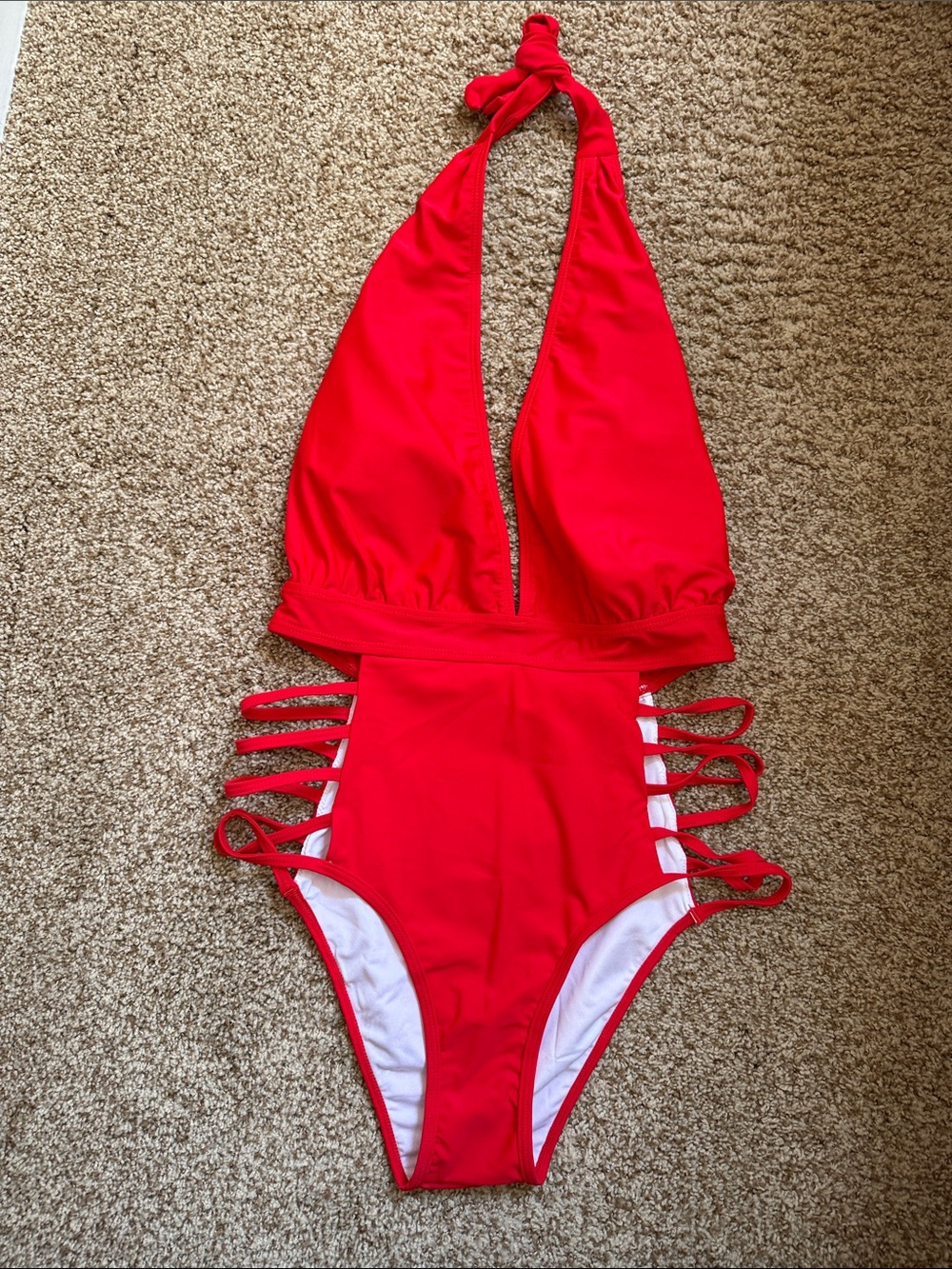 🌸 Aqua Eve: Red Halter One-Piece Swimsuit with Side Straps